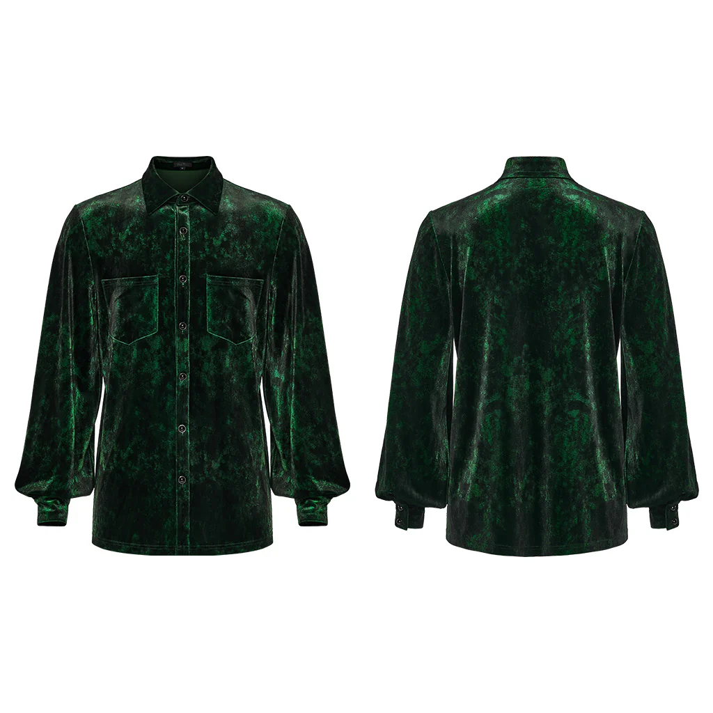 WY-1864CCM Velvet Gothic Shirts Emerald Green Button-Up Long Sleeve Mystery - Image 6