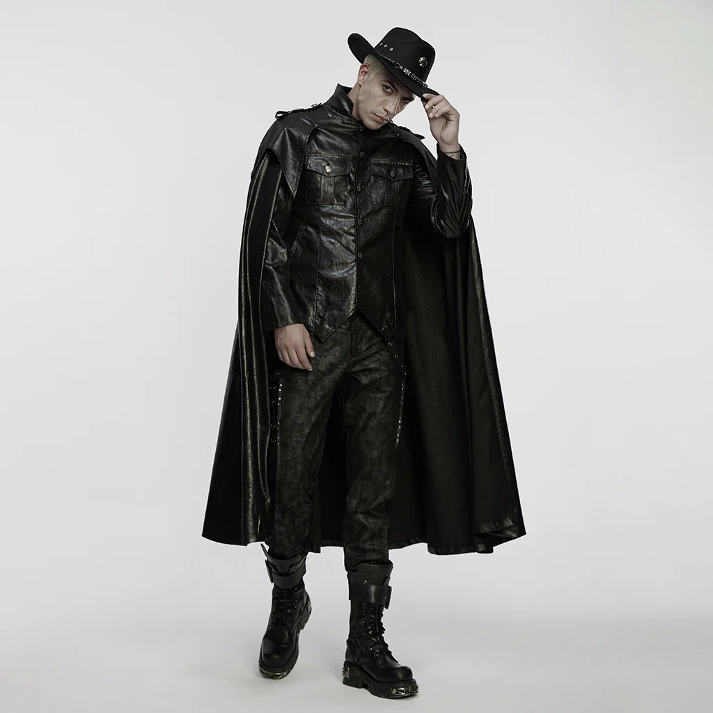 WY-1876DPM Punk Coat Leather Gothic Long Cape Jacket with Straps - Image 5