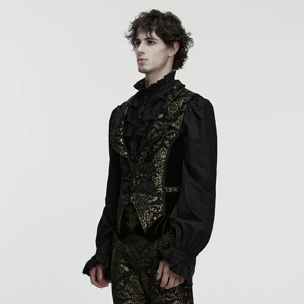 WY-1877MJM Regal Brocade Gothic Vest Victorian Style Embroidered Waistcoat Gothic Vest Vintage Brocade Design Black Gold Costume Mens Elegant Brocade Gothic Vest Victorian Steampunk Costume Waistcoat - Image 3