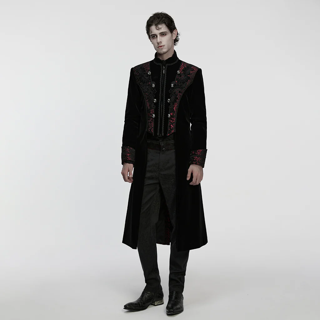 WY-1878XCM Steampunk Gothic Coat Embroidered Velvet Long Trench Jacket Embroidered Gothic Coat Long Velvet Jacket Black Rose Design Gothic Coat with Embroidered Velvet Long Tail Design - Image 5