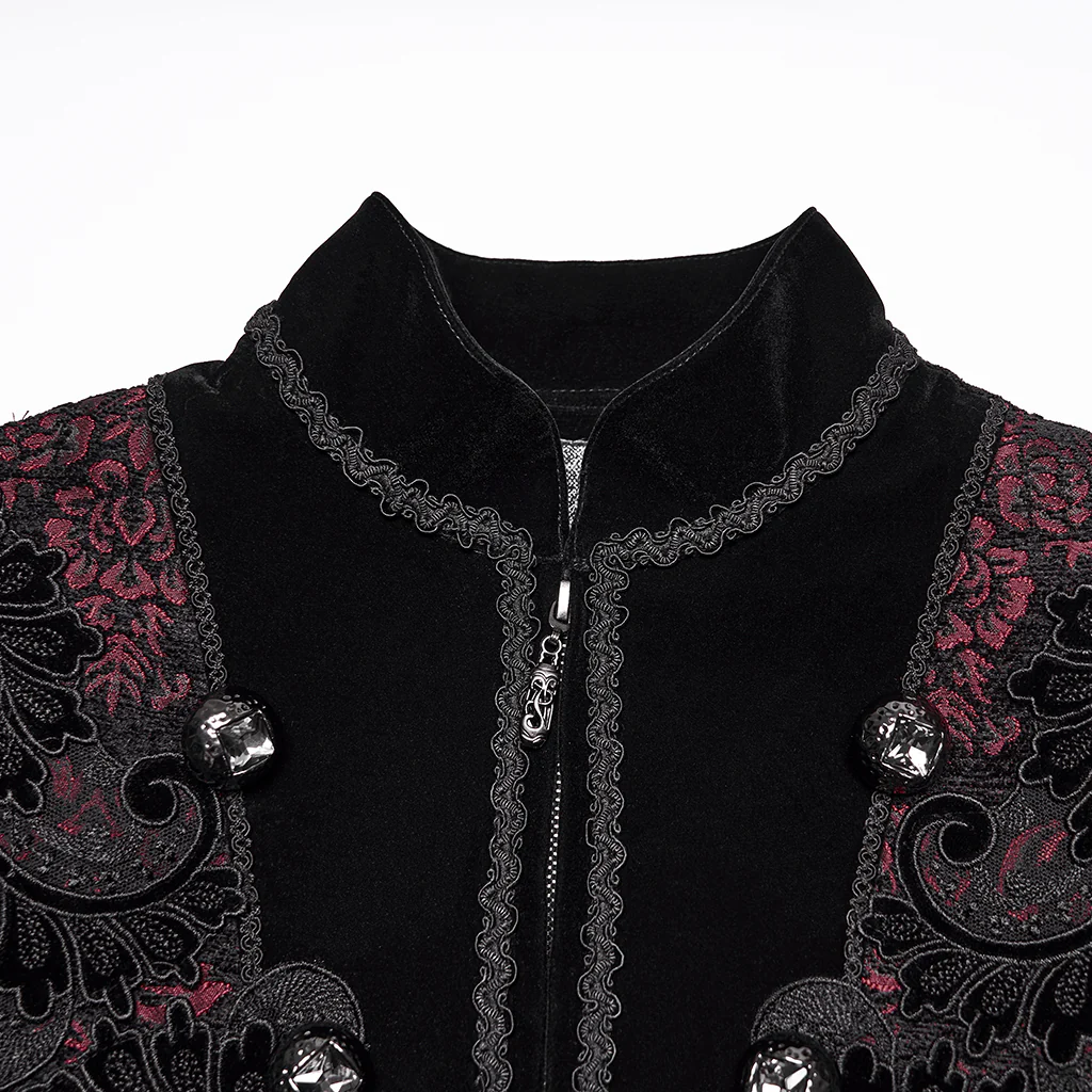 WY-1878XCM Steampunk Gothic Coat Embroidered Velvet Long Trench Jacket Embroidered Gothic Coat Long Velvet Jacket Black Rose Design Gothic Coat with Embroidered Velvet Long Tail Design - Image 7