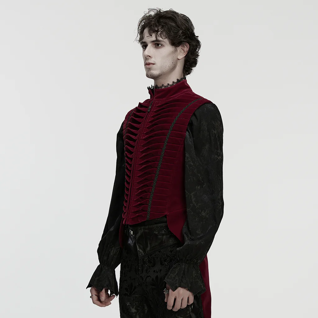 WY-1880MJM Gothic Vest Velvet Ruffled High Collar Medieval Style Rich Velvet Steampunk Gothic Vest with Pleated Detailing Mens Red Ribbed Gothic Vest Tailored High Collar - Image 3