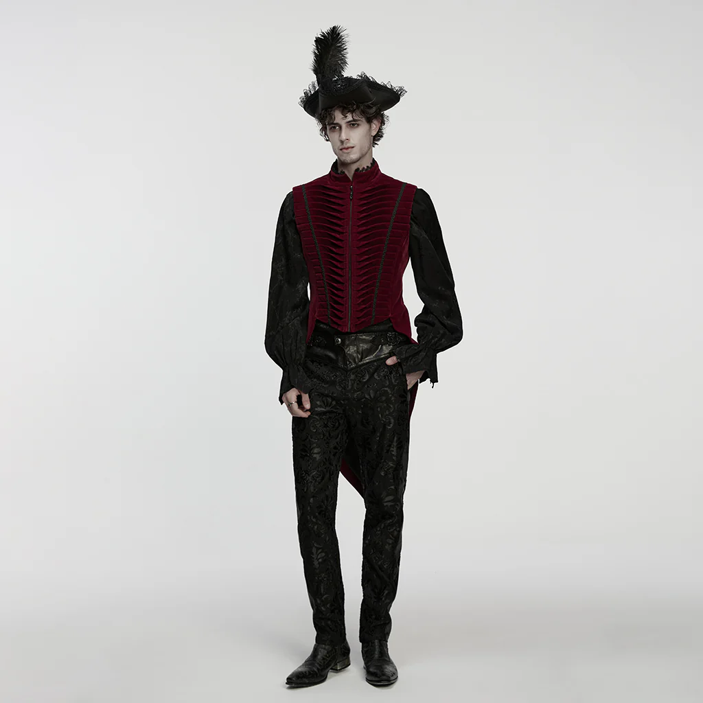WY-1880MJM Gothic Vest Velvet Ruffled High Collar Medieval Style Rich Velvet Steampunk Gothic Vest with Pleated Detailing Mens Red Ribbed Gothic Vest Tailored High Collar - Image 5
