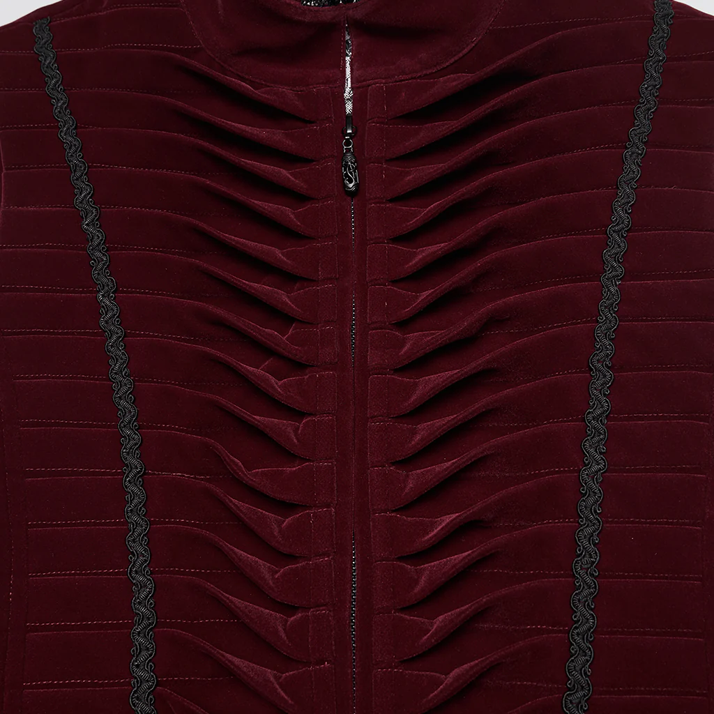 WY-1880MJM Gothic Vest Velvet Ruffled High Collar Medieval Style Rich Velvet Steampunk Gothic Vest with Pleated Detailing Mens Red Ribbed Gothic Vest Tailored High Collar - Image 7