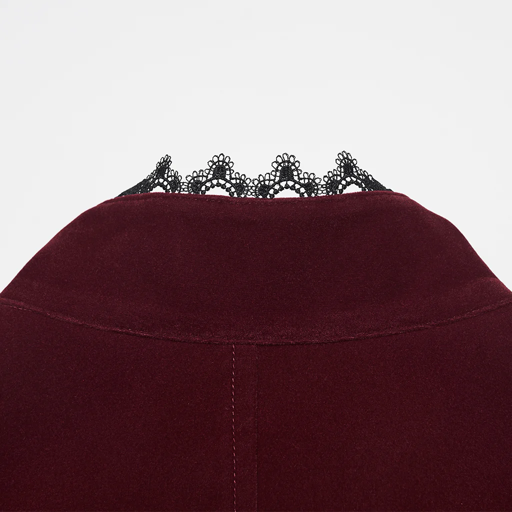 WY-1880MJM Gothic Vest Velvet Ruffled High Collar Medieval Style Rich Velvet Steampunk Gothic Vest with Pleated Detailing Mens Red Ribbed Gothic Vest Tailored High Collar - Image 8
