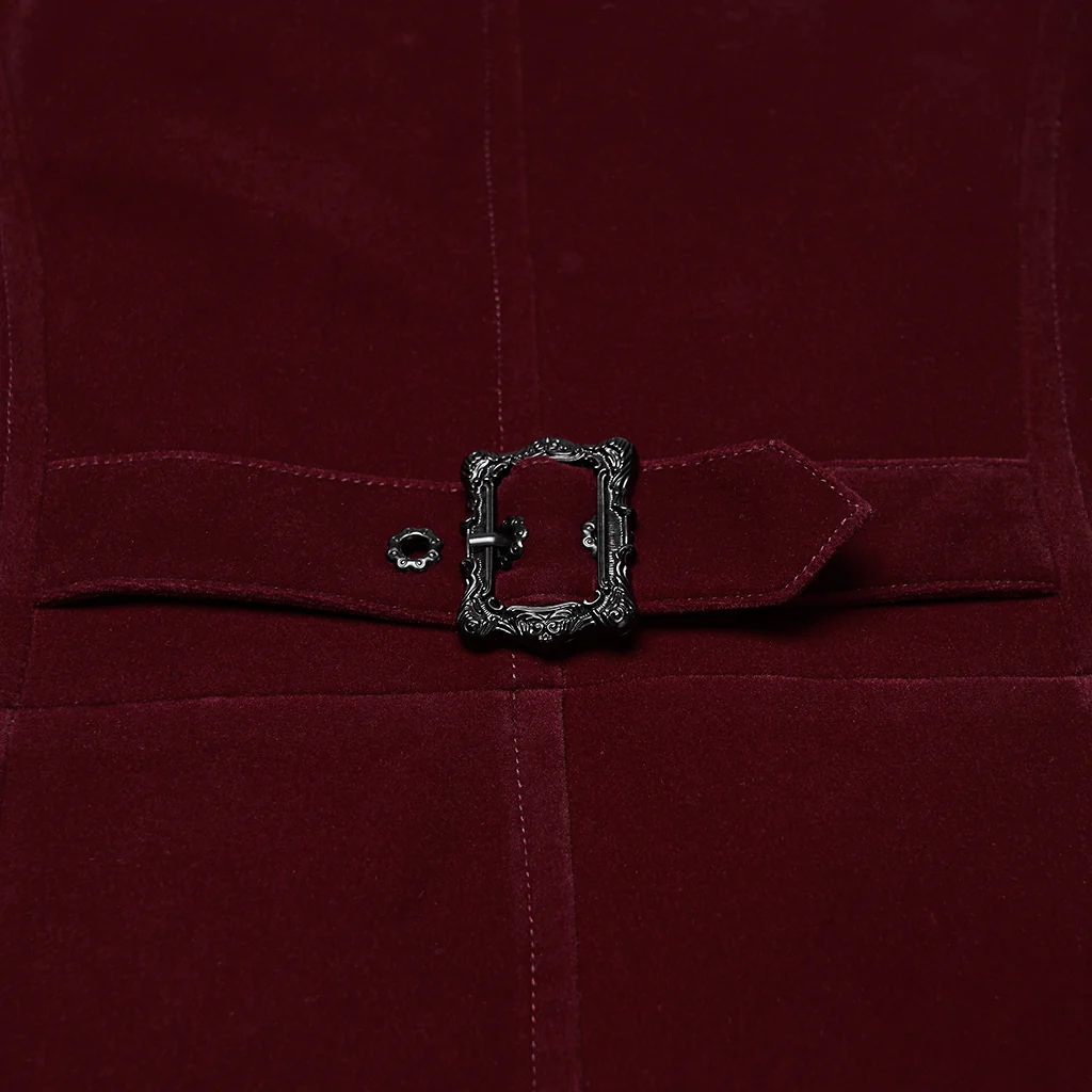 WY-1880MJM Gothic Vest Velvet Ruffled High Collar Medieval Style Rich Velvet Steampunk Gothic Vest with Pleated Detailing Mens Red Ribbed Gothic Vest Tailored High Collar - Image 9