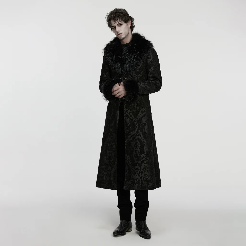 WY-1882XCM Mens Gothic Coat Faux Fur Trim Vintage Long Overcoat - Image 5