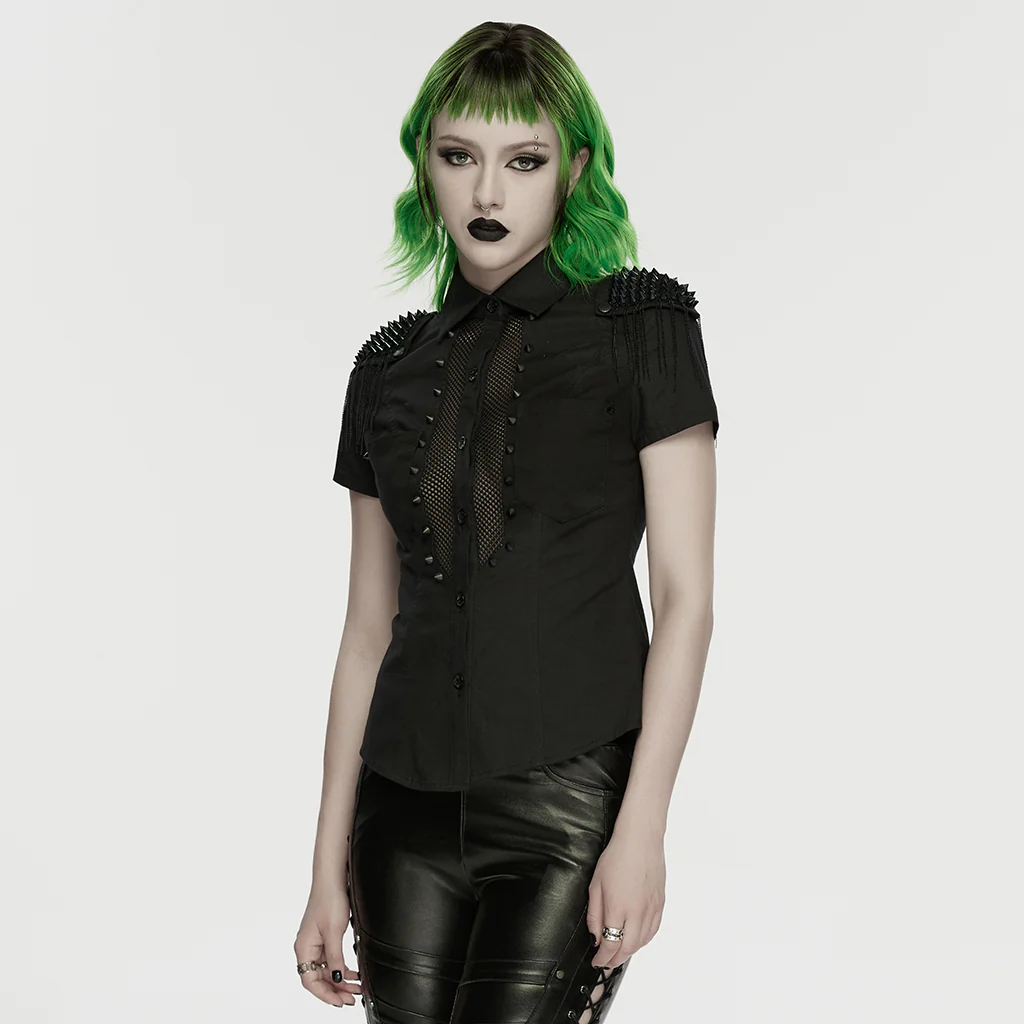 WY-1889CDF Edgy Punk Shirts Spiked Studded Mesh Detail Short Sleeve Top - Image 3