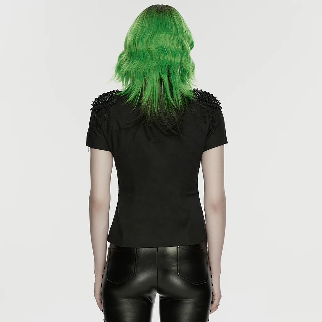 WY-1889CDF Edgy Punk Shirts Spiked Studded Mesh Detail Short Sleeve Top - Image 4