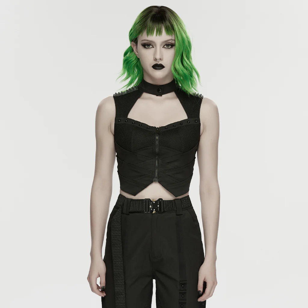 WY-1906MJF Edgy Zippered Olive Mesh Punk Vests Gothic Style - Image 11