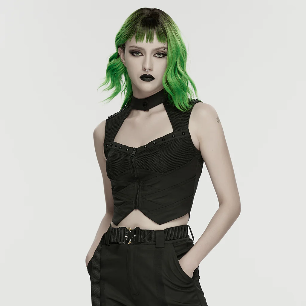 WY-1906MJF Edgy Zippered Olive Mesh Punk Vests Gothic Style - Image 12