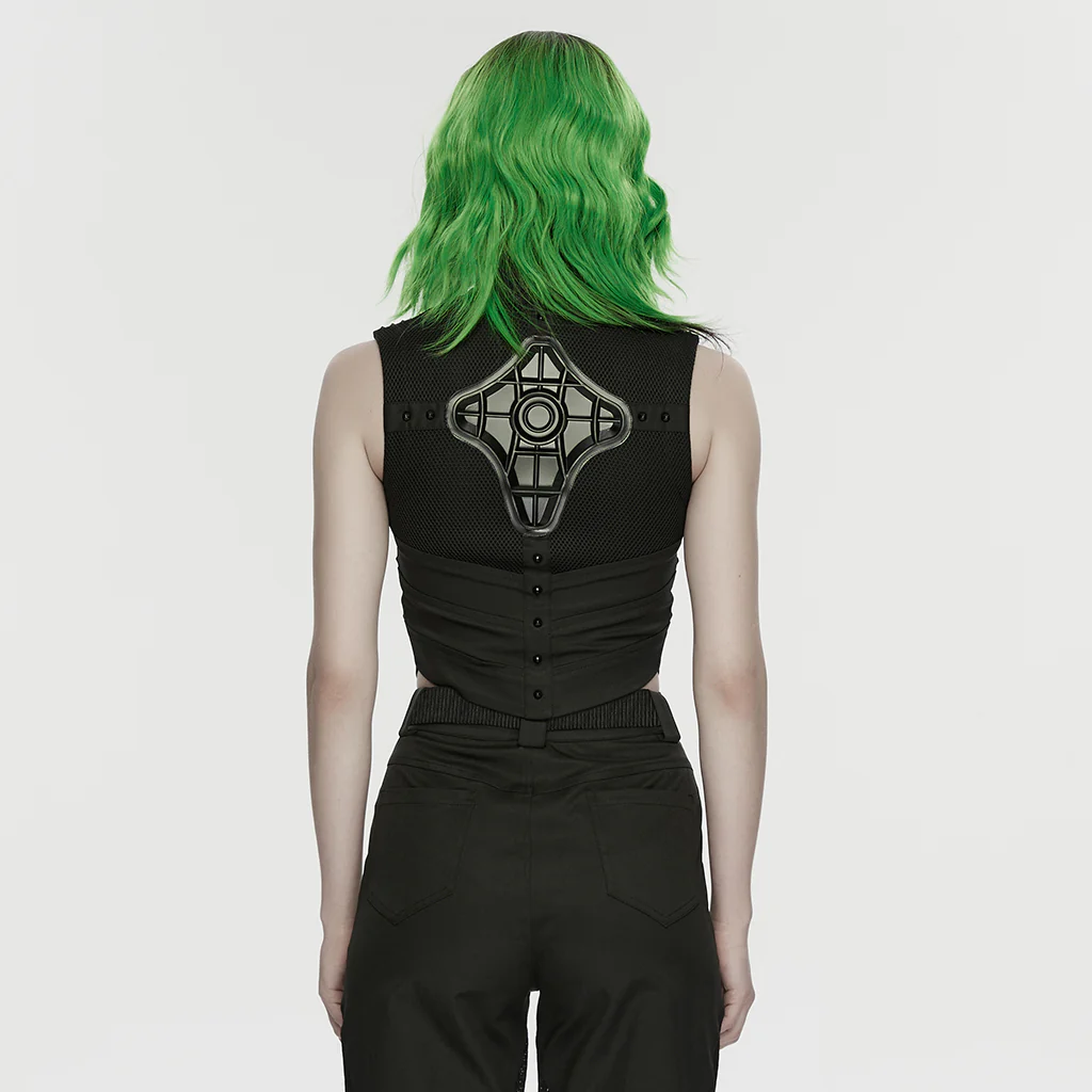 WY-1906MJF Edgy Zippered Olive Mesh Punk Vests Gothic Style - Image 15