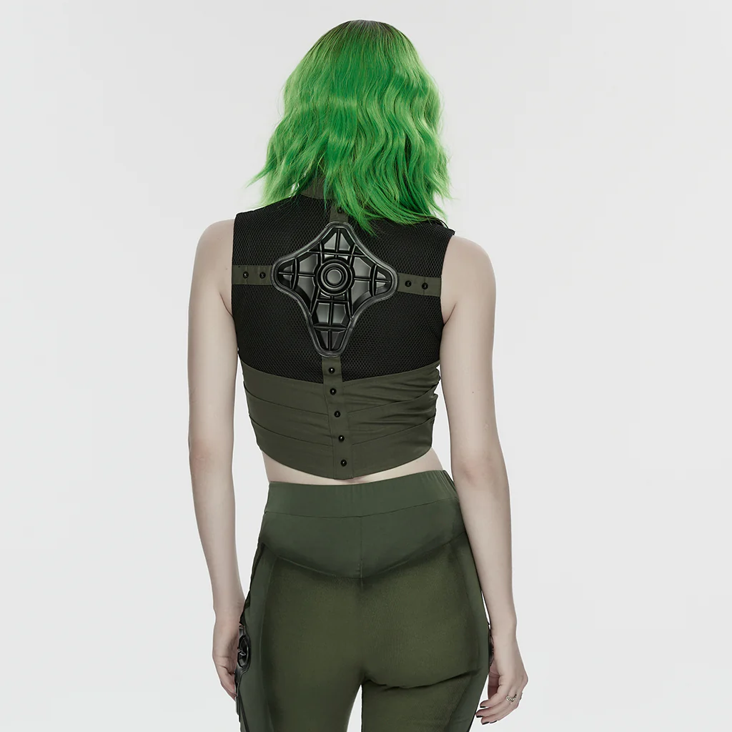 WY-1906MJF Edgy Zippered Olive Mesh Punk Vests Gothic Style - Image 4