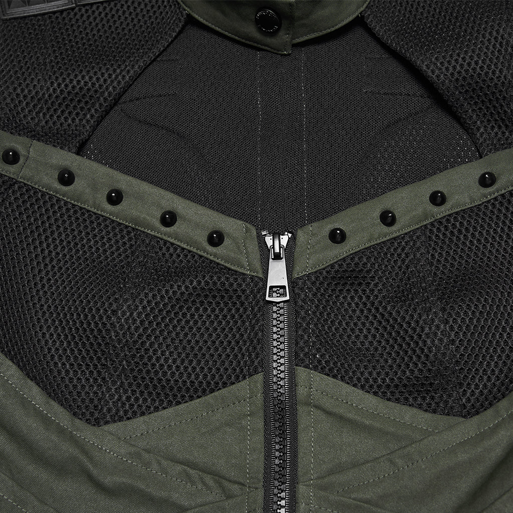 WY-1906MJF Edgy Zippered Olive Mesh Punk Vests Gothic Style - Image 8