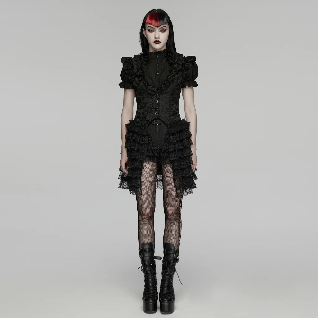 WY-1907MJF Gothic Vest Layered Lace Ruffled High-Neck Victorian Style Dress - Image 3