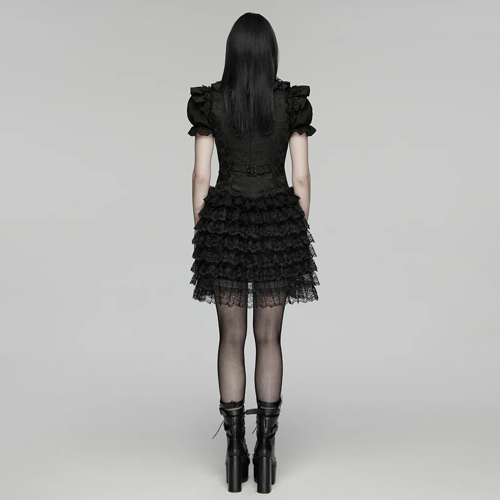 WY-1907MJF Gothic Vest Layered Lace Ruffled High-Neck Victorian Style Dress - Image 5