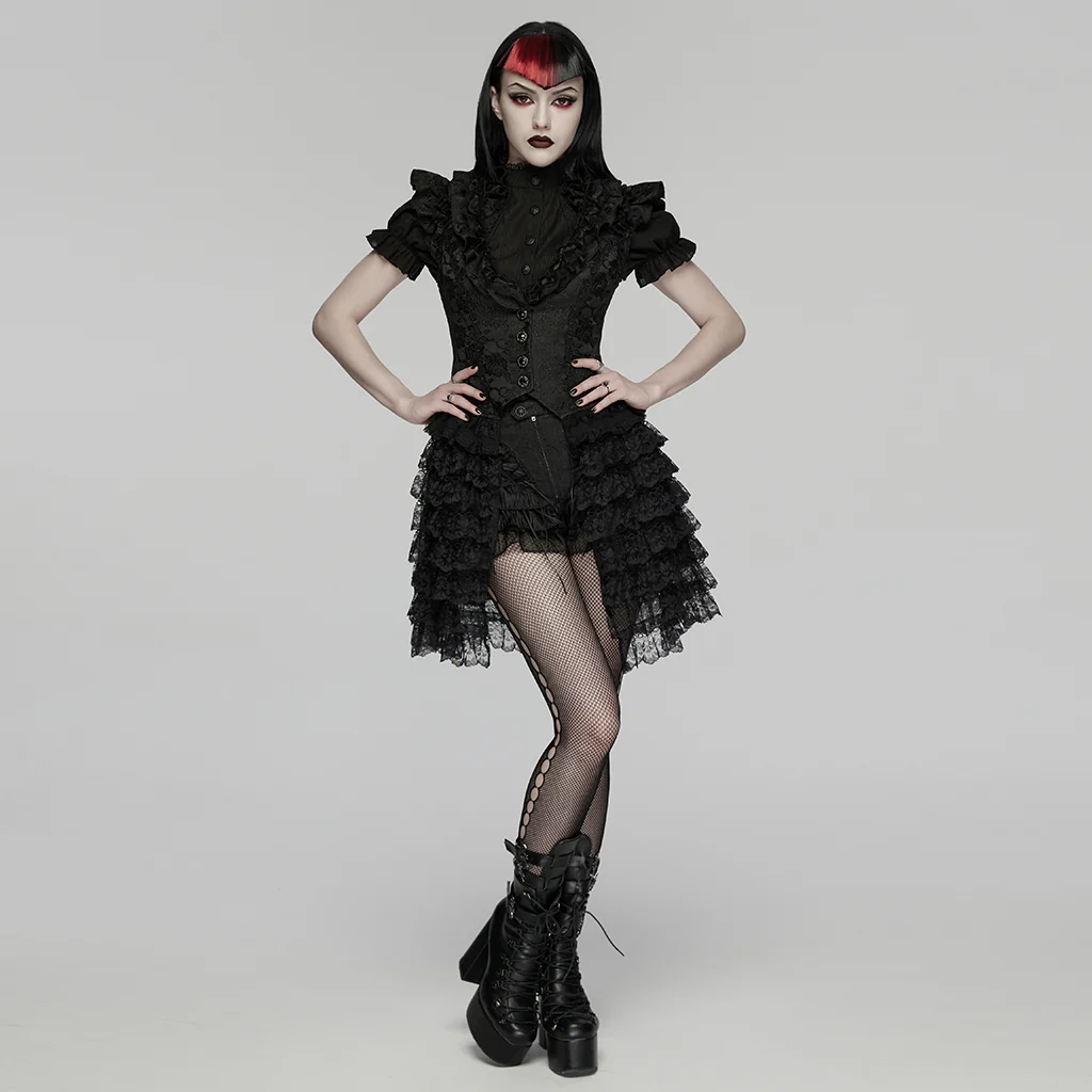 WY-1907MJF Gothic Vest Layered Lace Ruffled High-Neck Victorian Style Dress - Image 6
