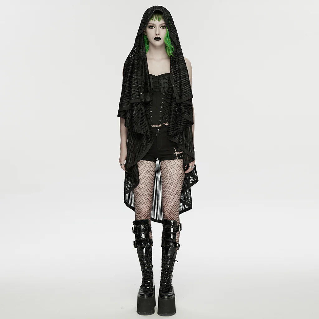 WY-1912XCF Gothic Mesh Hooded Punk Coat with Asymmetrical Hem Detailing