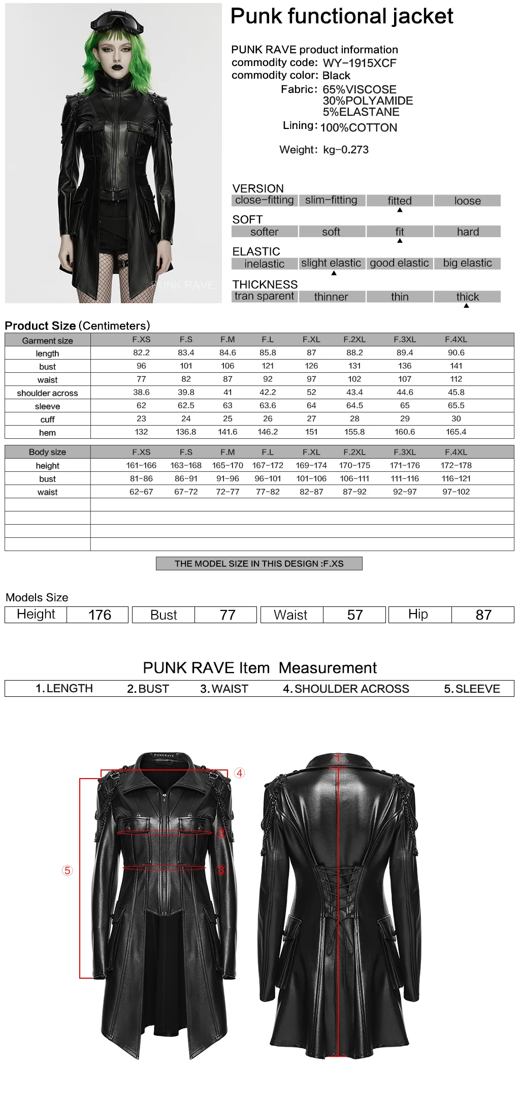 WY-1915XCF Edgy Longline Faux Leather Punk Jackets with Chain Details - Image 2