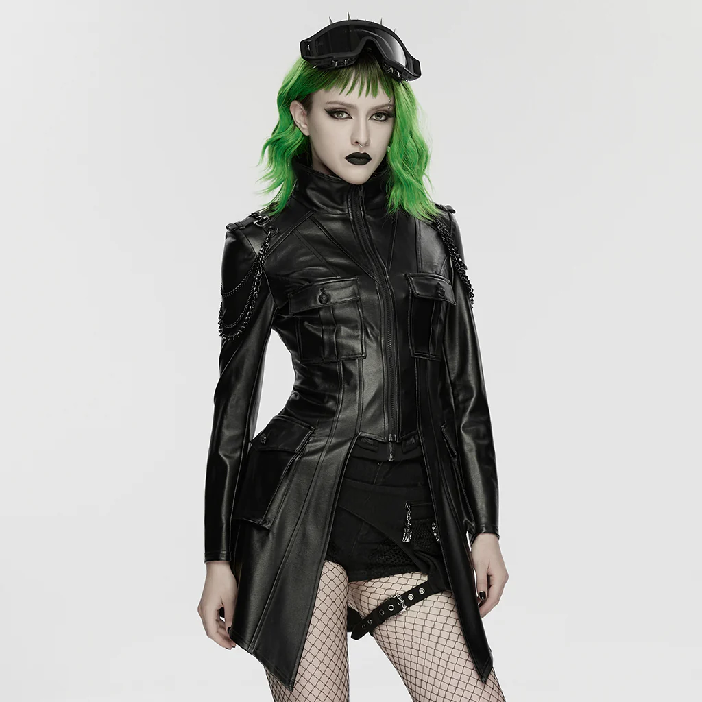 WY-1915XCF Edgy Longline Faux Leather Punk Jackets with Chain Details - Image 4