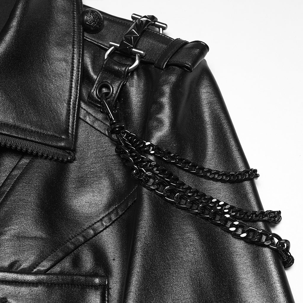 WY-1915XCF Edgy Longline Faux Leather Punk Jackets with Chain Details - Image 7