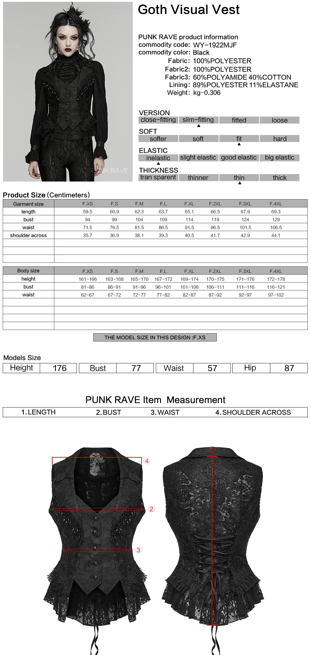 WY-1922MJF Gothic Vest Black Lace Brocade Corset Steampunk Victorian Style - Image 2