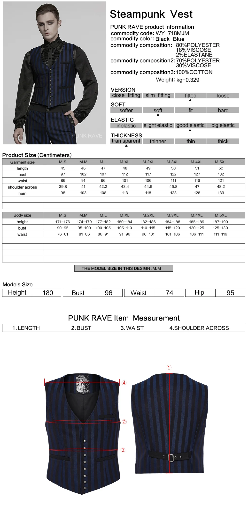 WY-718MJM Mens Gothic Striped Royal Blue Punk Vests Outfit - Image 2