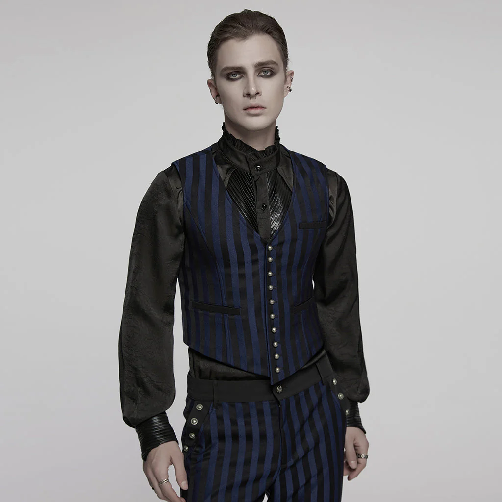 WY-718MJM Mens Gothic Striped Royal Blue Punk Vests Outfit - Image 30