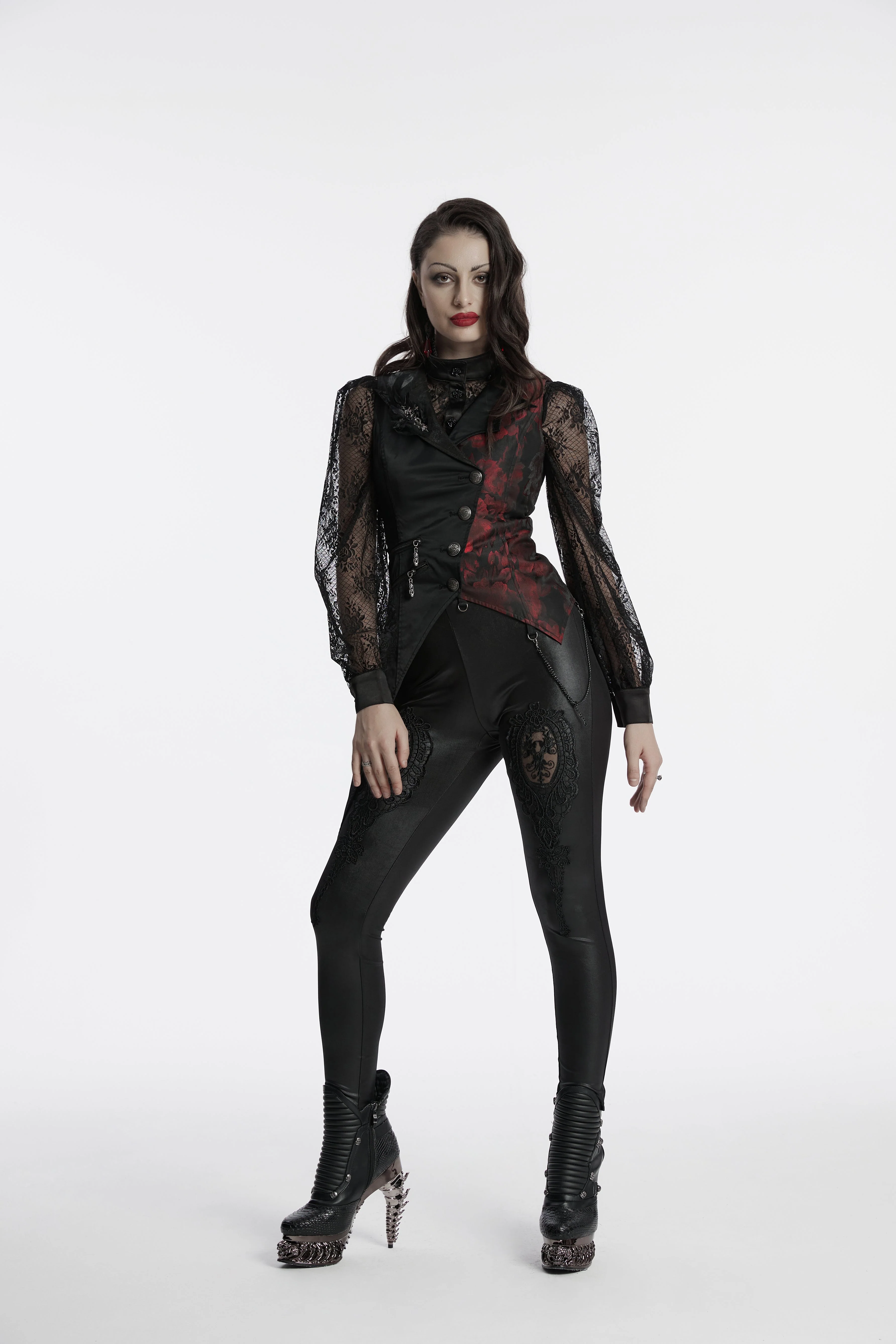 Y-330 Elegant Lace Gothic Vest with Red Embroidered Details Gothic Vest Lace-Sleeve Asymmetrical Buttoned Steampunk Waistcoat - Image 15