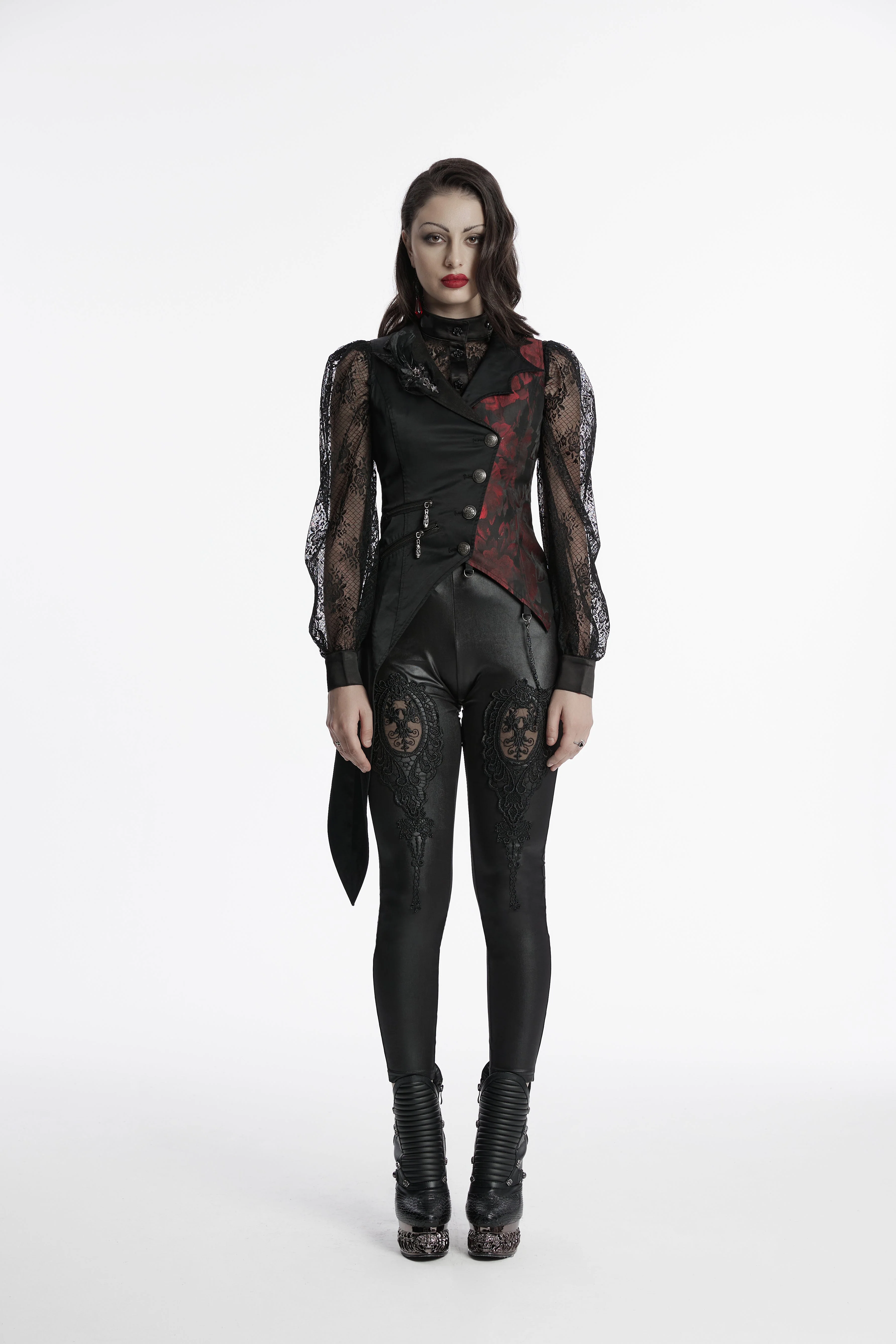Y-330 Elegant Lace Gothic Vest with Red Embroidered Details Gothic Vest Lace-Sleeve Asymmetrical Buttoned Steampunk Waistcoat - Image 20