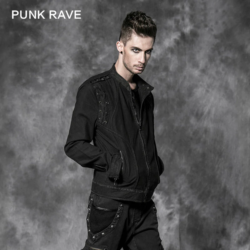 Y-500 Zip On Sleeves black Punk Jacket With Skeleton On Shoulders For Men - Image 3