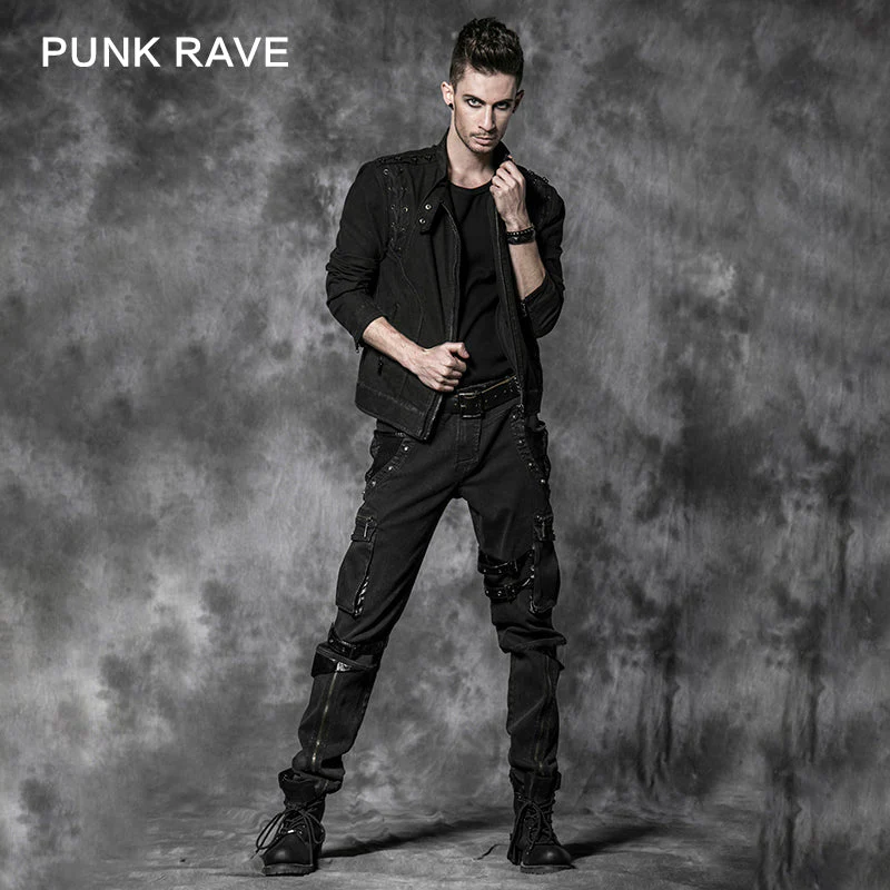 Y-500 Zip On Sleeves black Punk Jacket With Skeleton On Shoulders For Men - Image 4